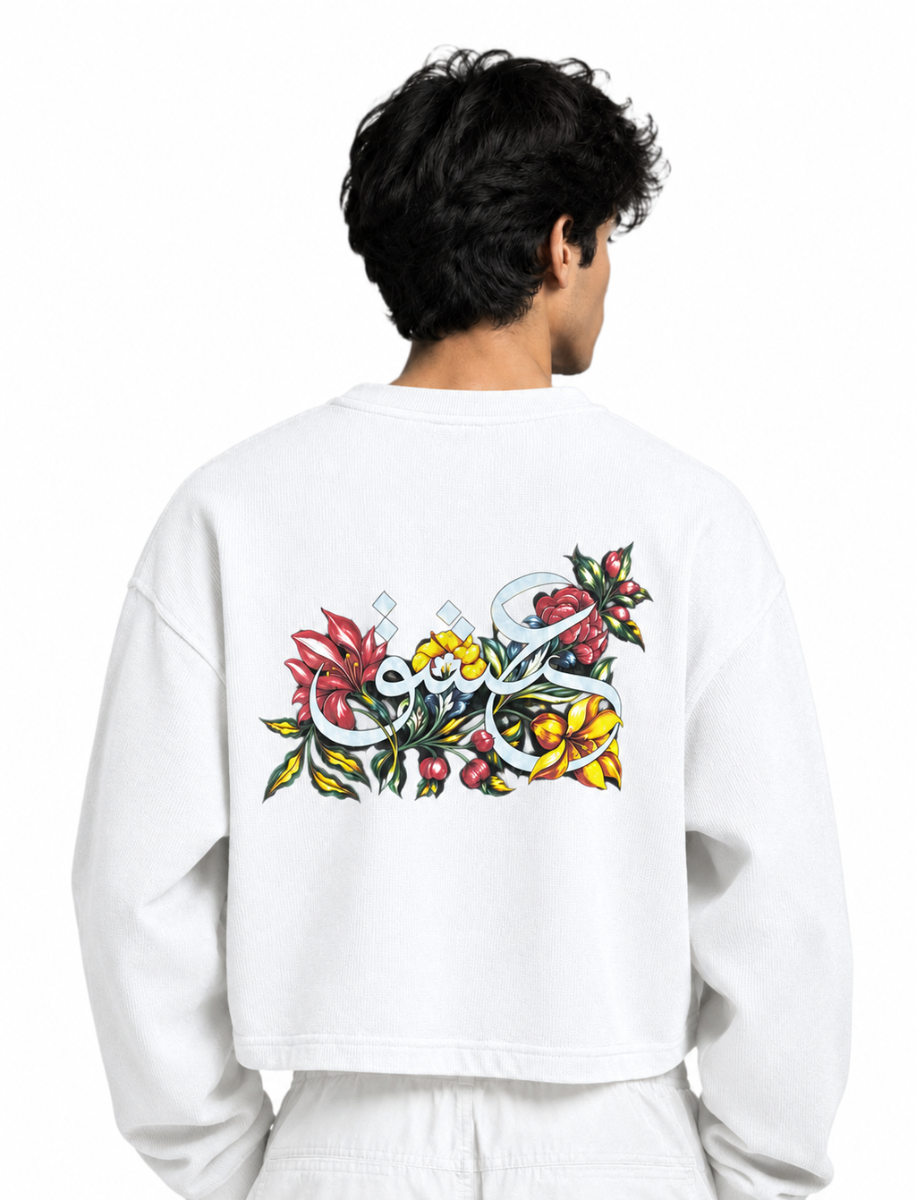 white Henley Waffle T-Shirt with White Floral Graphic | Oversized boxy Fit