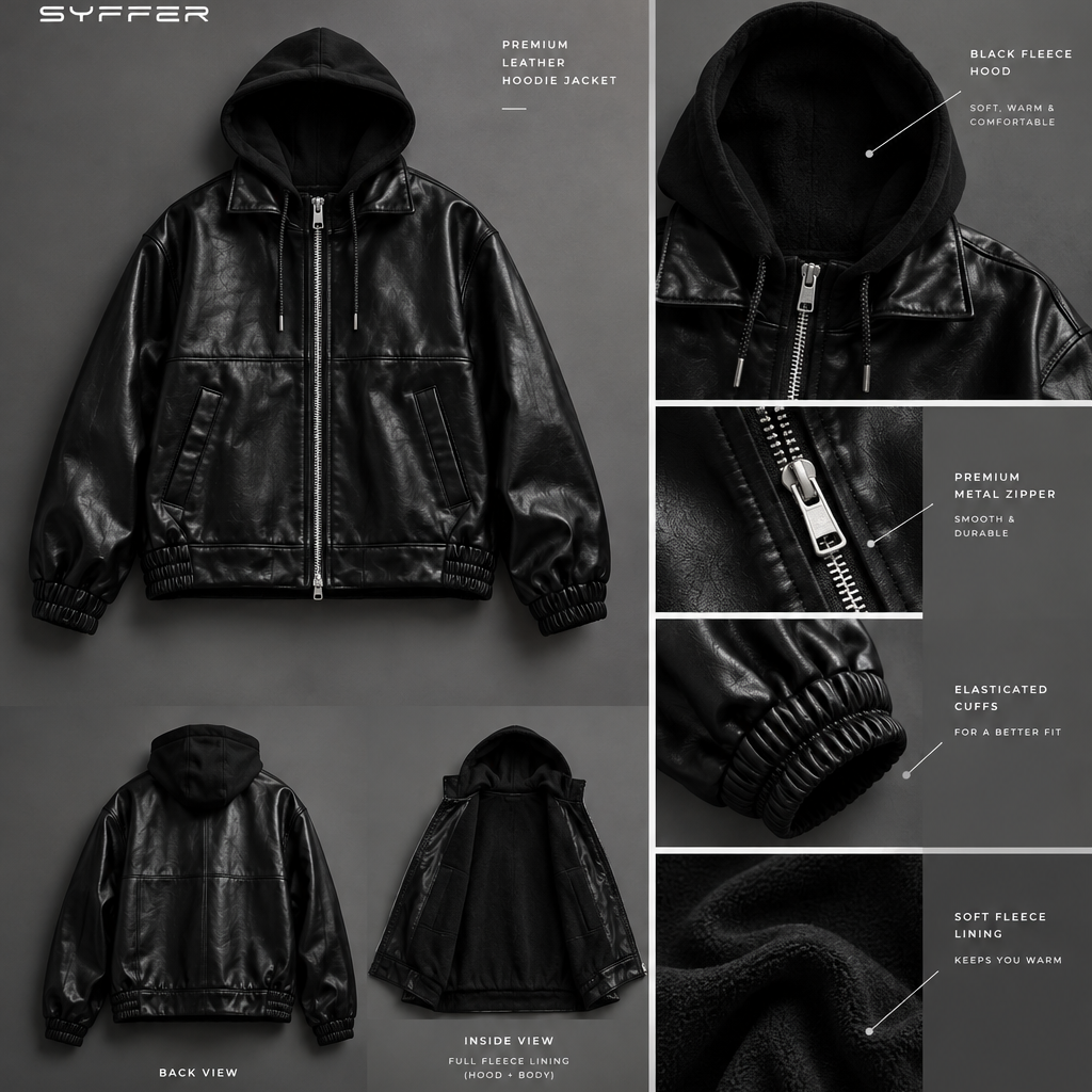 SYFFER Men’s Oversized Cropped  Leather Hooded Jacket | Fleece Lined Bomber Jacket