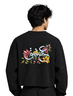 Black Henley Waffle T-Shirt with Back Floral Graphic | Oversized boxy Fit
