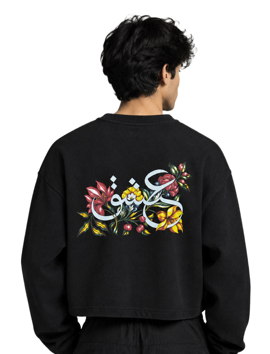 Black Henley Waffle T-Shirt with Back Floral Graphic | Oversized boxy Fit