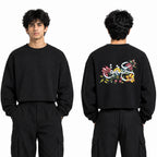 Black Henley Waffle T-Shirt with Back Floral Graphic | Oversized boxy Fit
