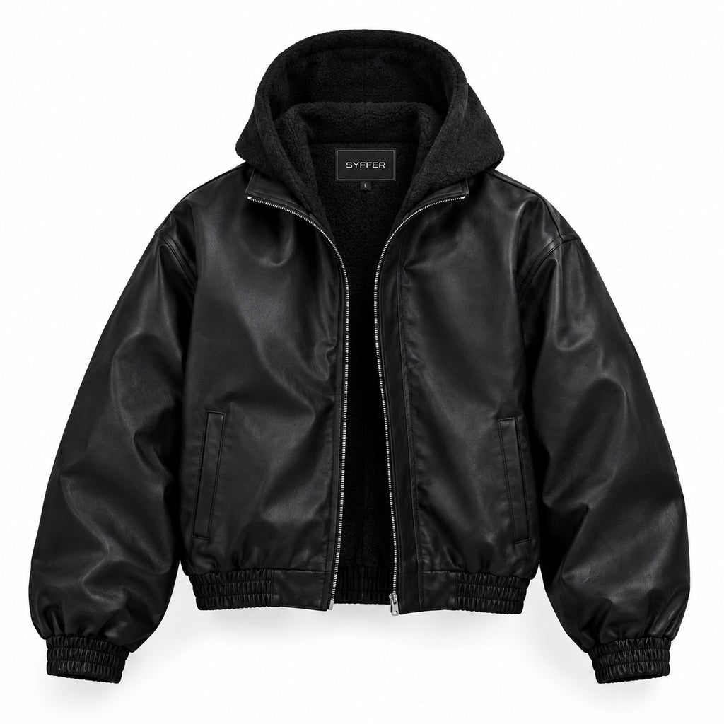 SYFFER Men’s Oversized Cropped  Leather Hooded Jacket | Fleece Lined Bomber Jacket