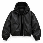 SYFFER Men’s Oversized Cropped  Leather Hooded Jacket | Fleece Lined Bomber Jacket