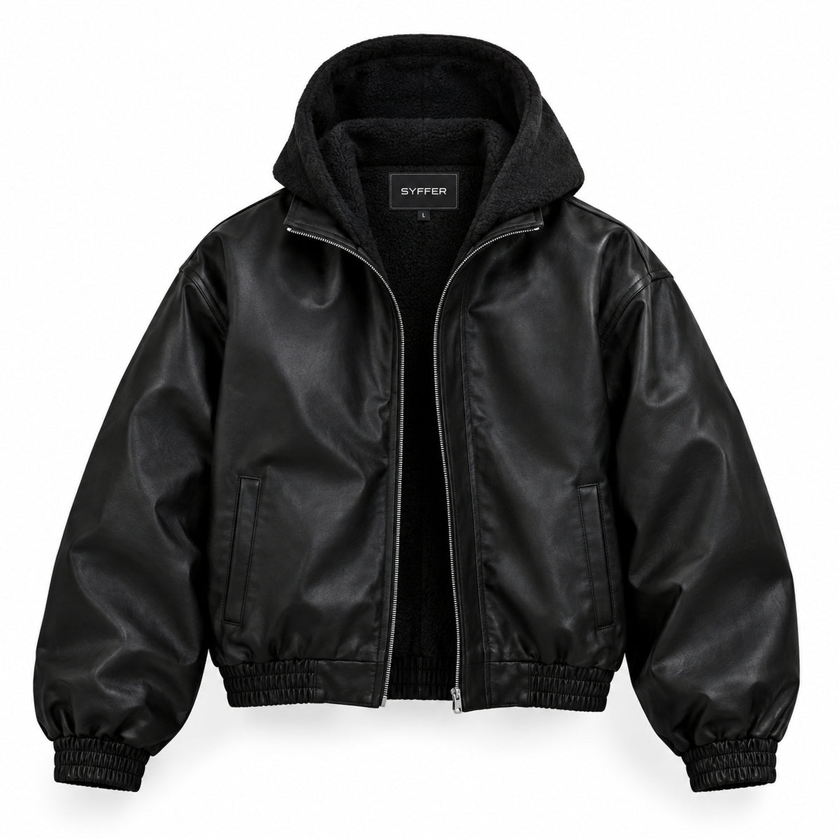 SYFFER Men’s Oversized Cropped  Leather Hooded Jacket | Fleece Lined Bomber Jacket