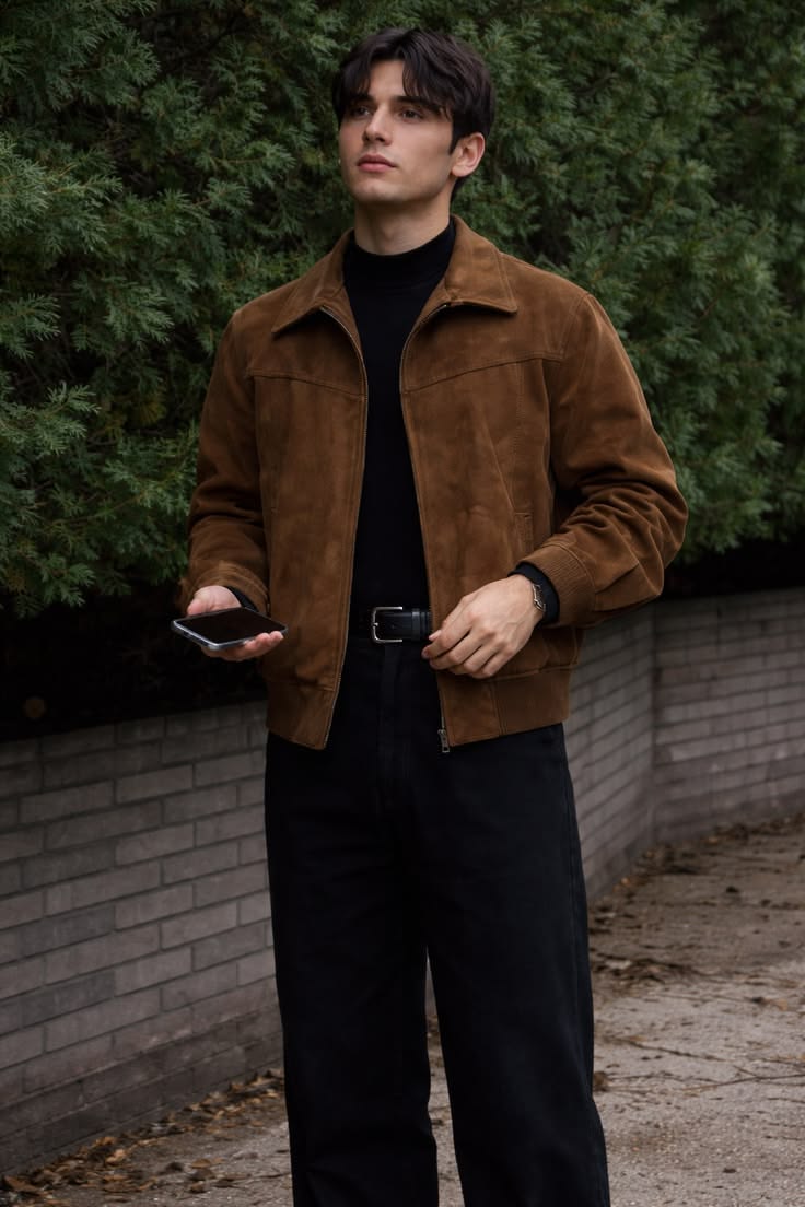 Men's light brown classic suede jacket